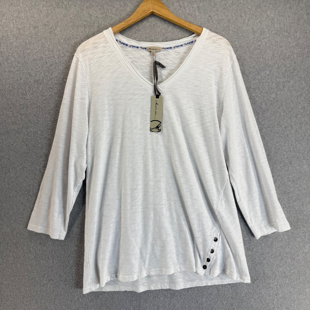 Mod O Doc V Neck 3/4 Sleeve Shirt Womens Size XL White Cotton Button Detail NWT